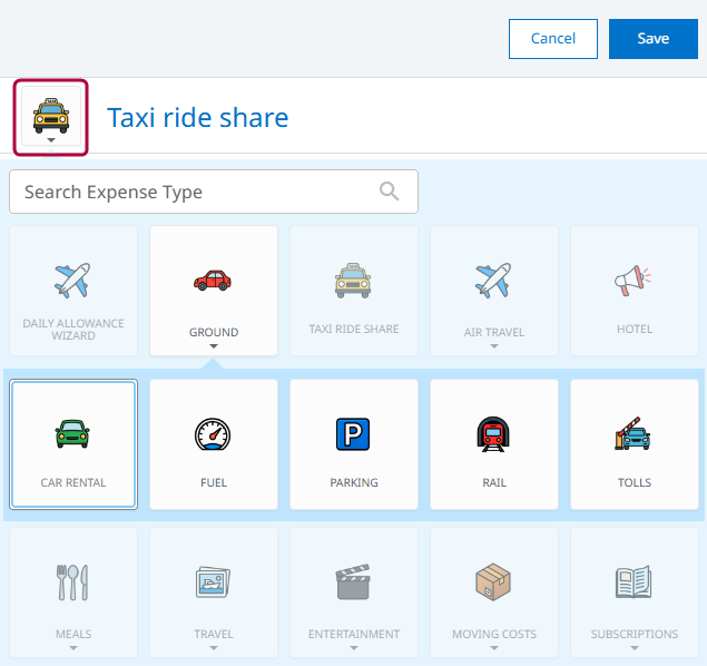 Expense type screen showing Taxi Ride Share selected with expense category tiles below