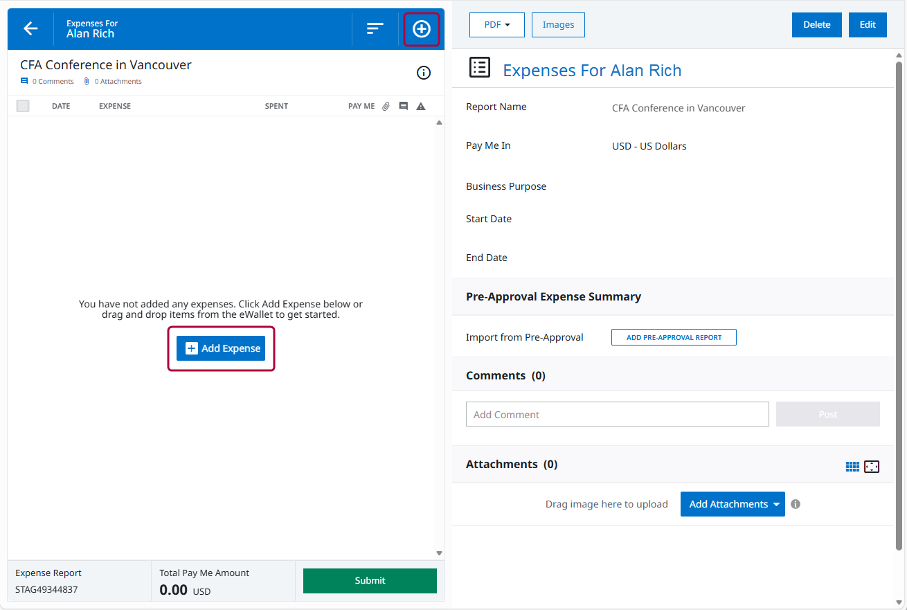 Écran de rapport de dépenses montrant le bouton Ajouter une dépense et l’icône plus pour créer des postes