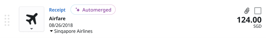 Ausgabenposten mit der Bezeichnung „Automatisch zusammengeführt“, der einen Flugpreisbeleg mit Betrag und Details zur Fluggesellschaft zeigt
