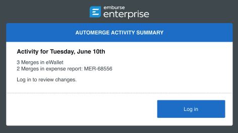 Automerge activity summary email showing merge counts and a Log in button to review changes