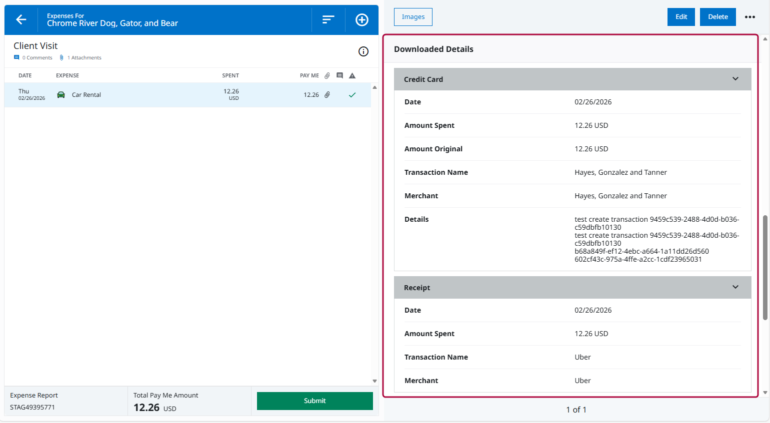 Expense report view showing downloaded credit card and receipt details for a merged transaction with amounts and merchant information