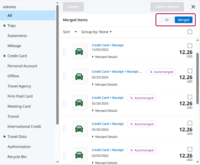 Merged Items view with toggle set to Merged showing list of combined credit card and receipt entries