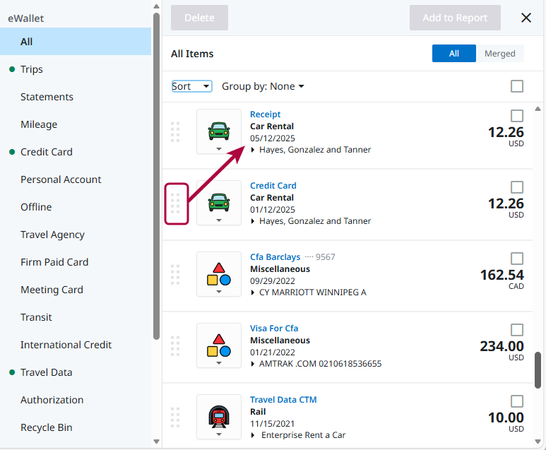 eWallet list showing receipt and credit card items aligned for merging with drag handle indicator