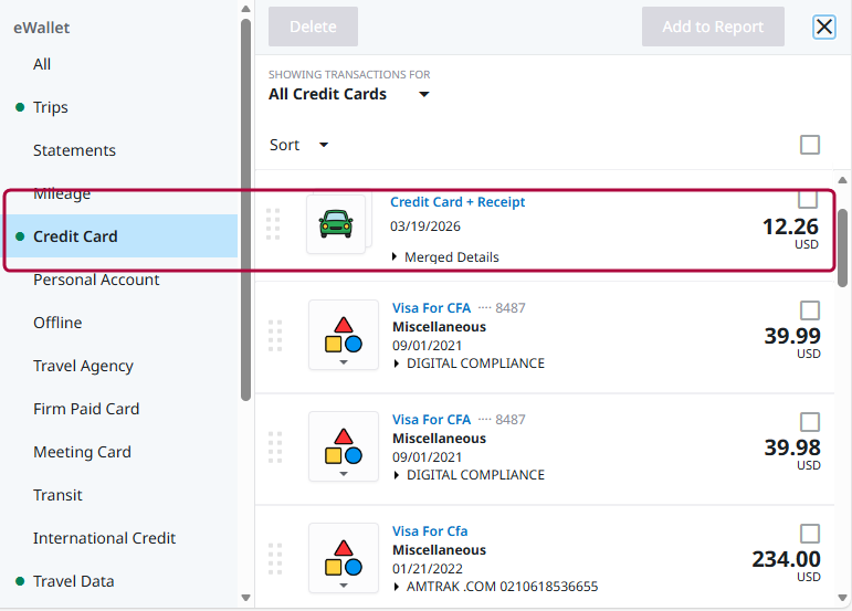 eWallet filtered to Credit Card showing merged transaction labeled Credit Card + Receipt with amount