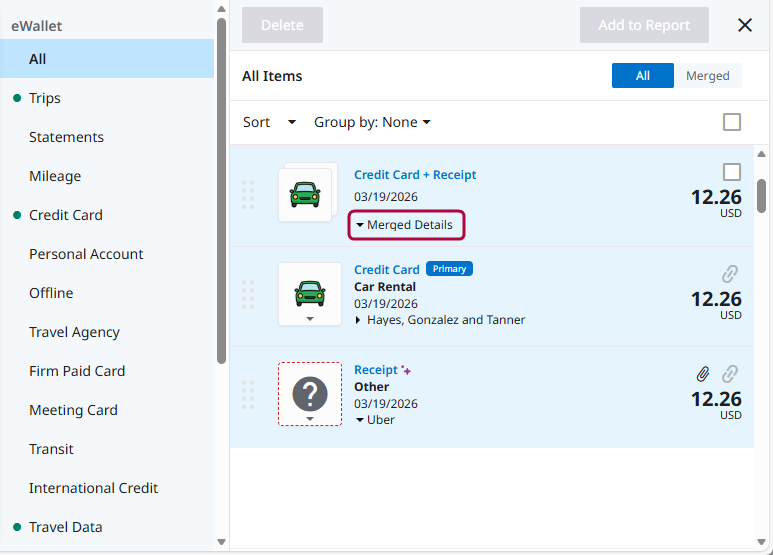 Expanded merged transaction displaying individual items under Merged Details including credit card and receipt entries