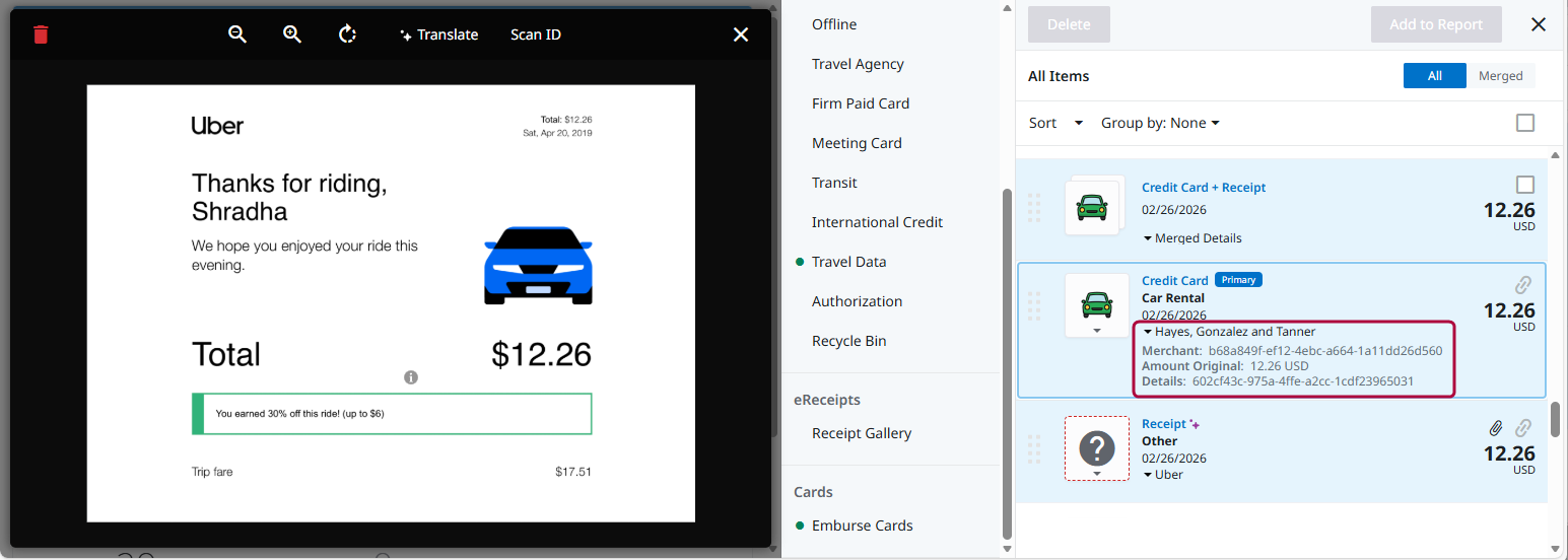 Split view showing receipt image alongside merged transaction details including merchant, amount, and merge identifiers