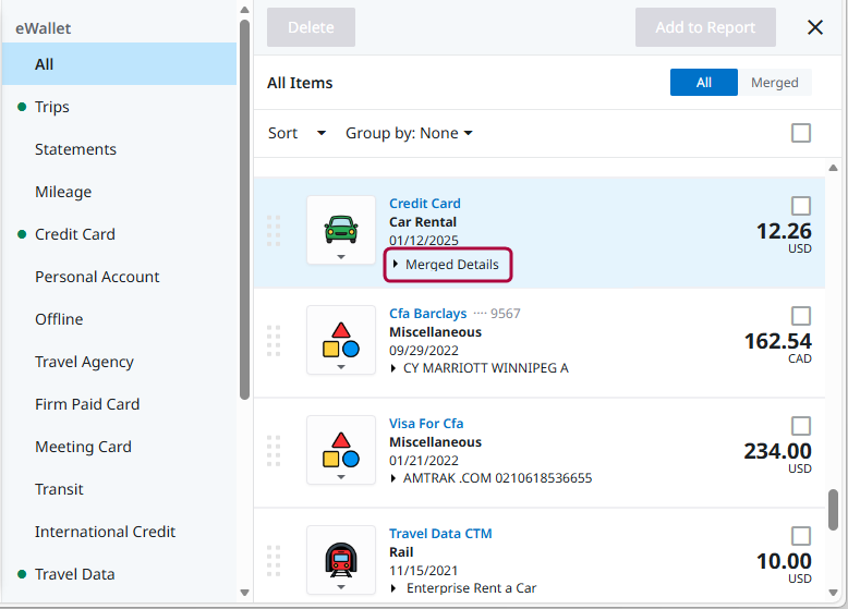 eWallet item with Merged Details option highlighted for a credit card transaction