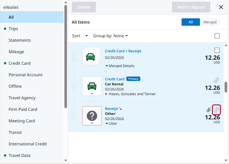Expanded merged transaction showing separate credit card and receipt items with unlink option to unmerge