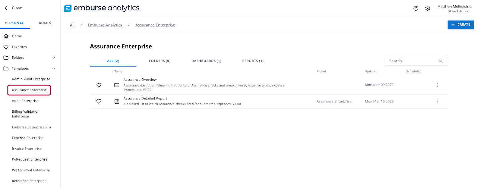 Die Seite „Vorlagen“ in Emburse Analytics zeigt den Assurance Enterprise-Ordner an, in dem das Assurance-Übersichtsdashboard und der Assurance-Detailreport zur Auswahl verfügbar sind.
