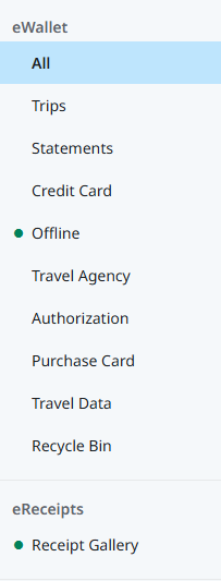 Left navigation showing Offline section with a green status indicator next to it in the eWallet menu