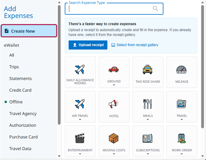 Create New button highlighted in the left navigation under Add Expenses on the Expenses page