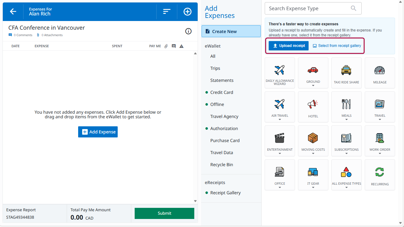 Upload receipt and Select from Receipt Gallery options in the Create New tab on the Add Expenses screen