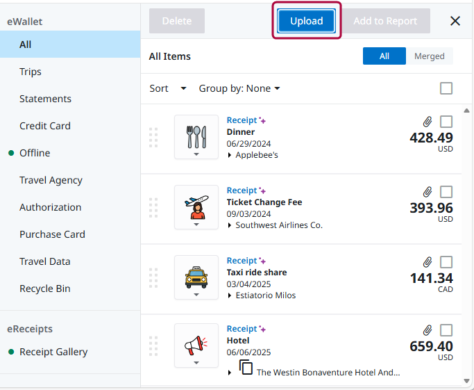 Upload button in eWallet All Items view for adding receipts without leaving the current screen