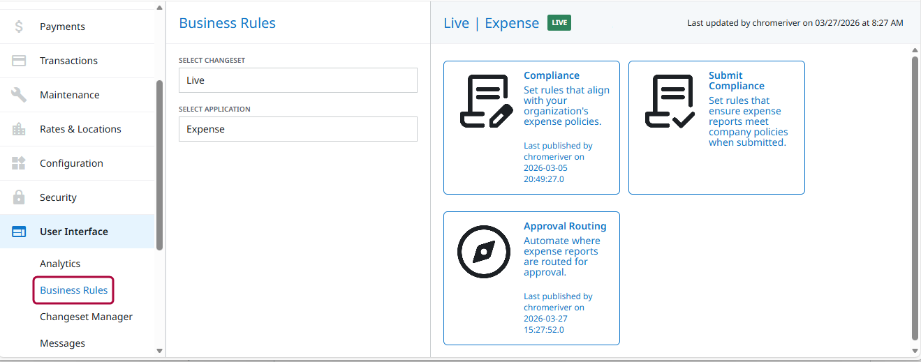 Seite „Geschäftsregeln“ mit linker Navigation und Kacheln für Compliance, Einreichungs-Compliance und Genehmigungsrouting