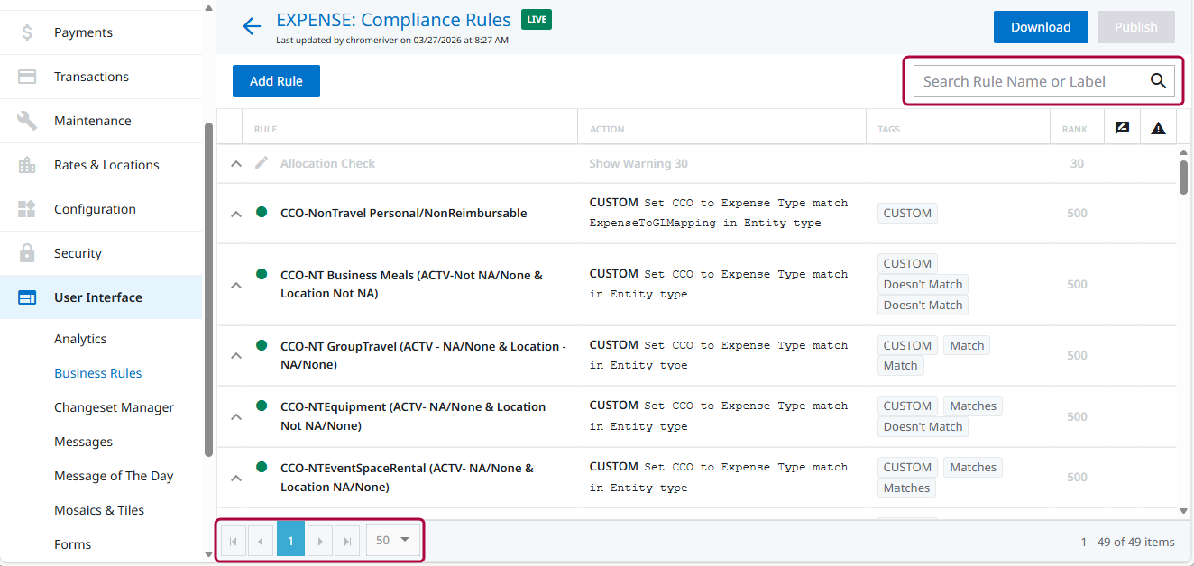 Page de liste des Règles métier affichant les noms des règles, les actions, les balises, le champ de recherche et les commandes de pagination