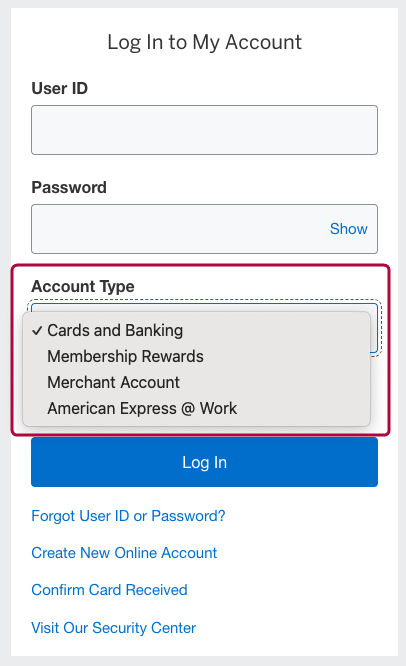 Login page with fields for User ID, Password, and Account Type dropdown showing Cards and Banking selected.