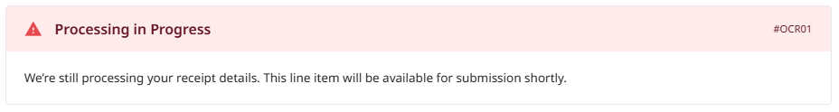 Processing in Progress warning indicating receipt is still being processed and submission is temporarily unavailable