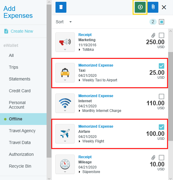 User selects memorized expenses in the Add Expenses panel and adds them to an expense report.