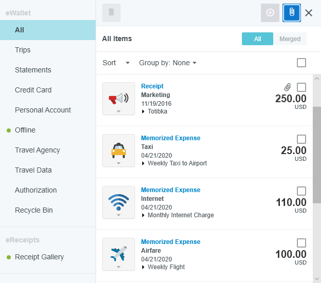 Memorized expenses remain available in the eWallet list after being added to a report.
