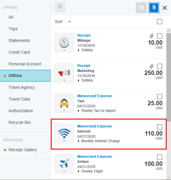 eWallet list showing memorized expenses with names, dates, and amounts available for reuse.