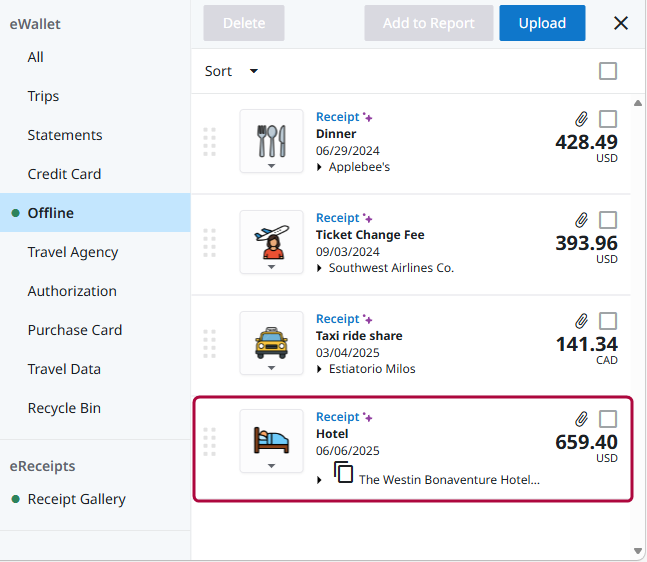 New hotel expense with attached folio appears in the eWallet, showing date and total amount.
