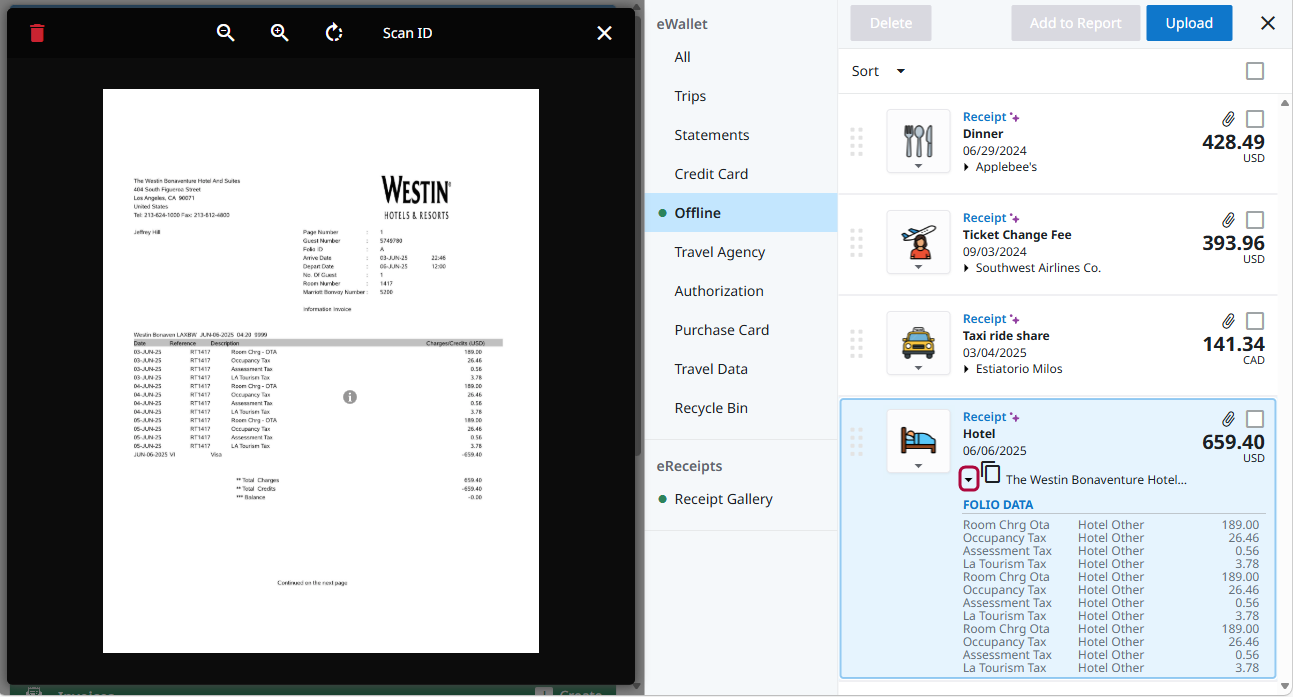 eWallet view showing a hotel receipt with folio data expanded, including itemized charges and taxes.
