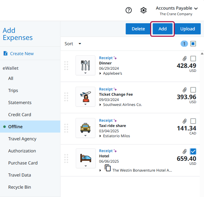 Add folio to report.pngUser selects the Add button in the eWallet to add selected expenses to an expense report.