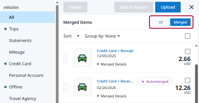 EW - Merged.pngeWallet view showing merged expense items with combined credit card and receipt details.