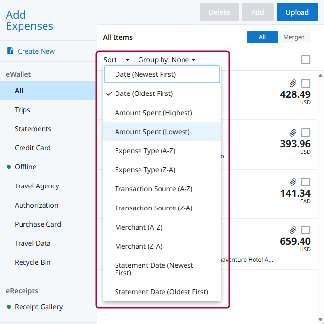 Sort menu in the eWallet showing options to organize expenses by date, amount, type, or merchant.