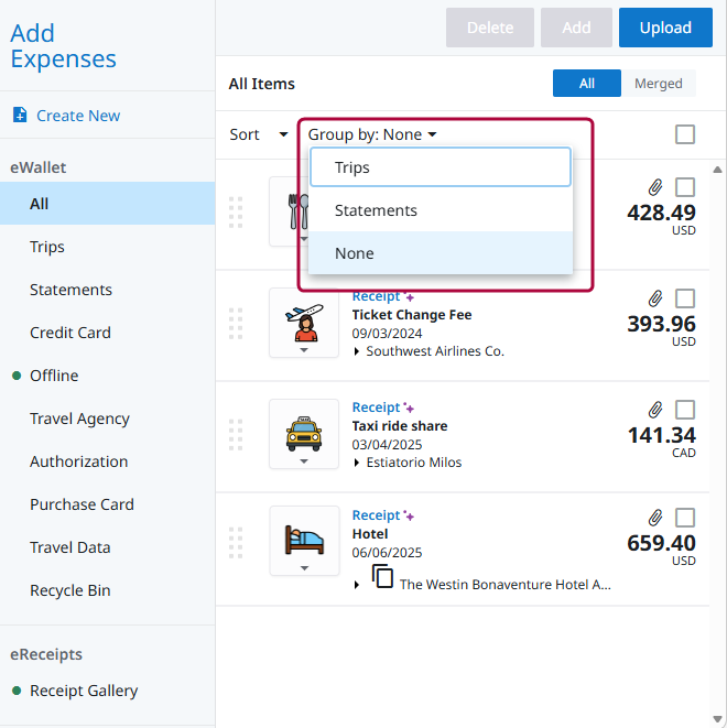 Group by menu in the eWallet showing options to group items by trips, statements, or none.