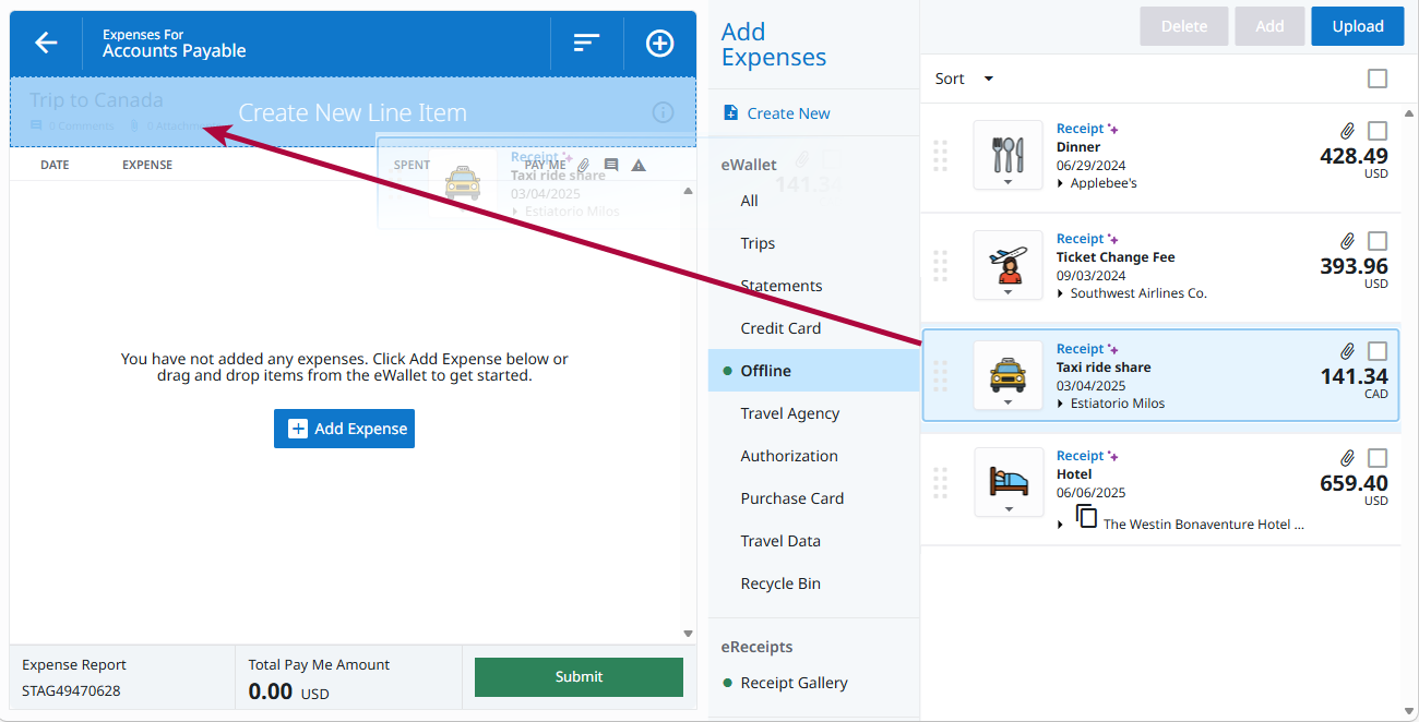 User drags an expense from the eWallet into an expense report to create a new line item.
