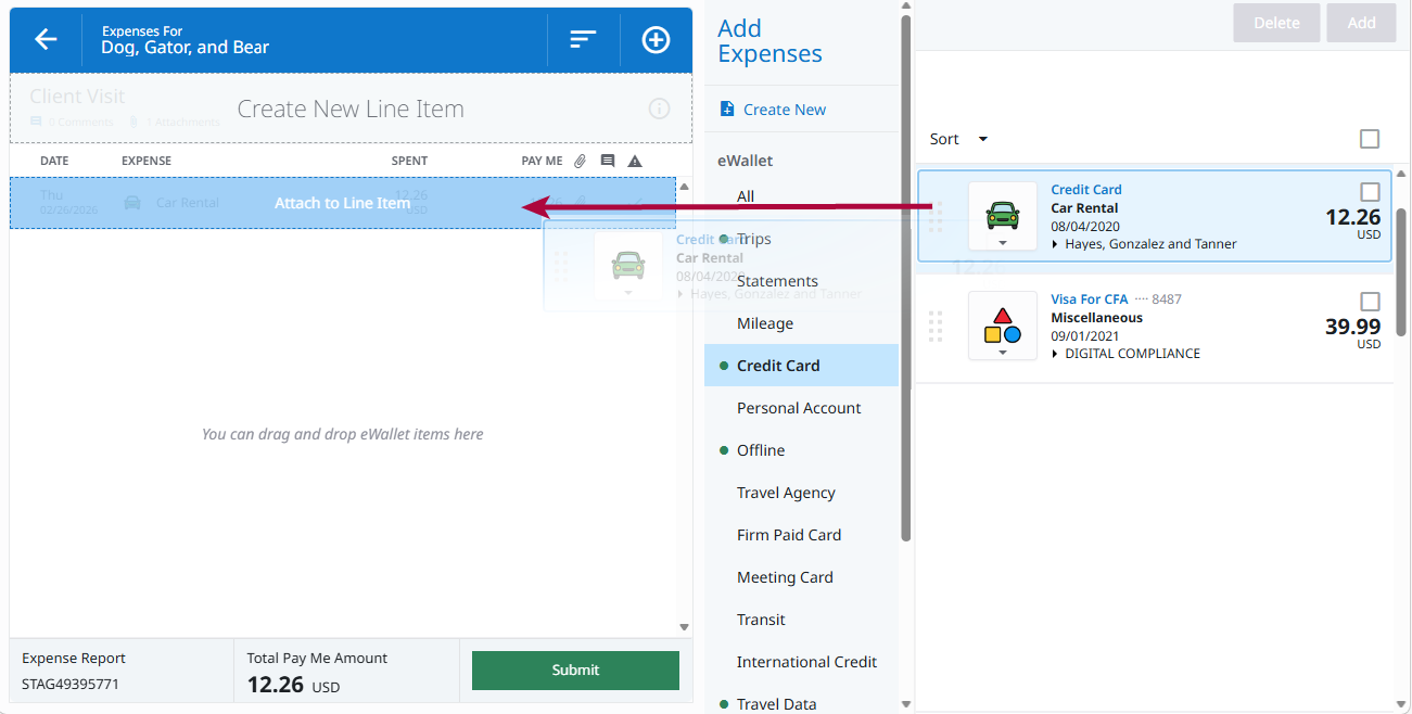 User drags a credit card transaction to an expense report line item to merge it with an existing entry.