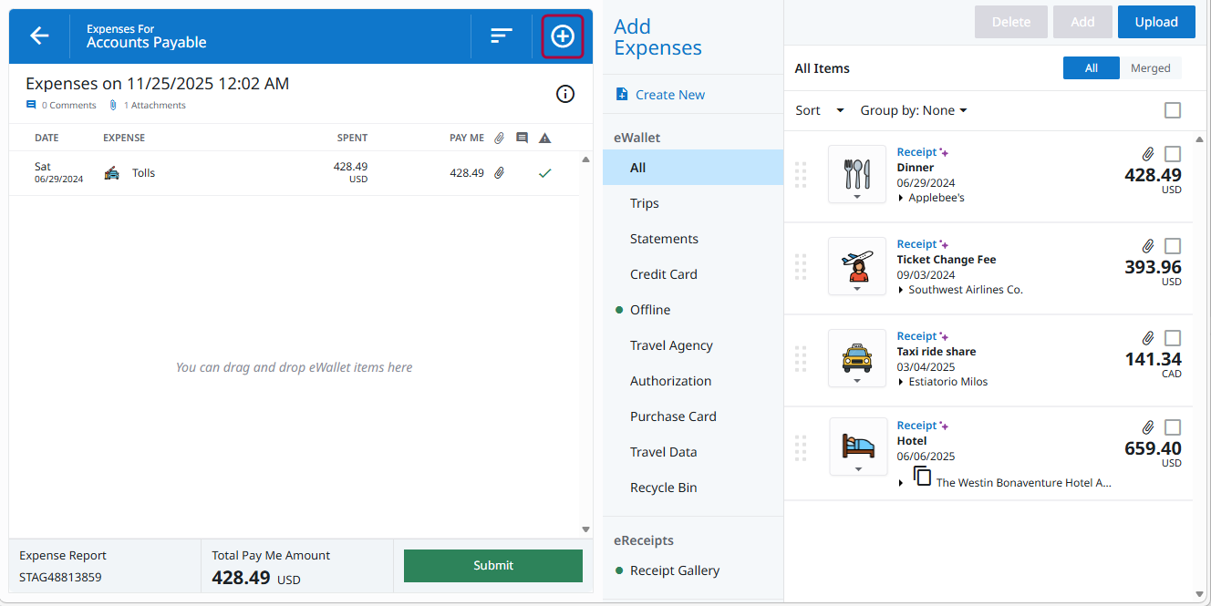 Expense report with one item added and the eWallet panel displaying all available expenses.