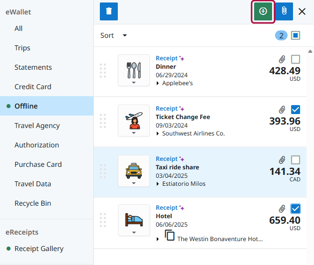 EW - Add Multi.pngMultiple expenses selected in the eWallet with the Add button available to add them to a report.