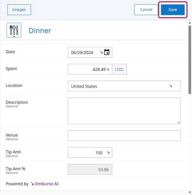 Expense edit screen showing fields for date, amount, location, description, and tip with Save button.