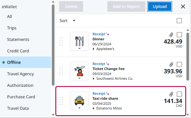 eWallet Offline tab showing a taxi ride expense with amount and merchant details available for selection.