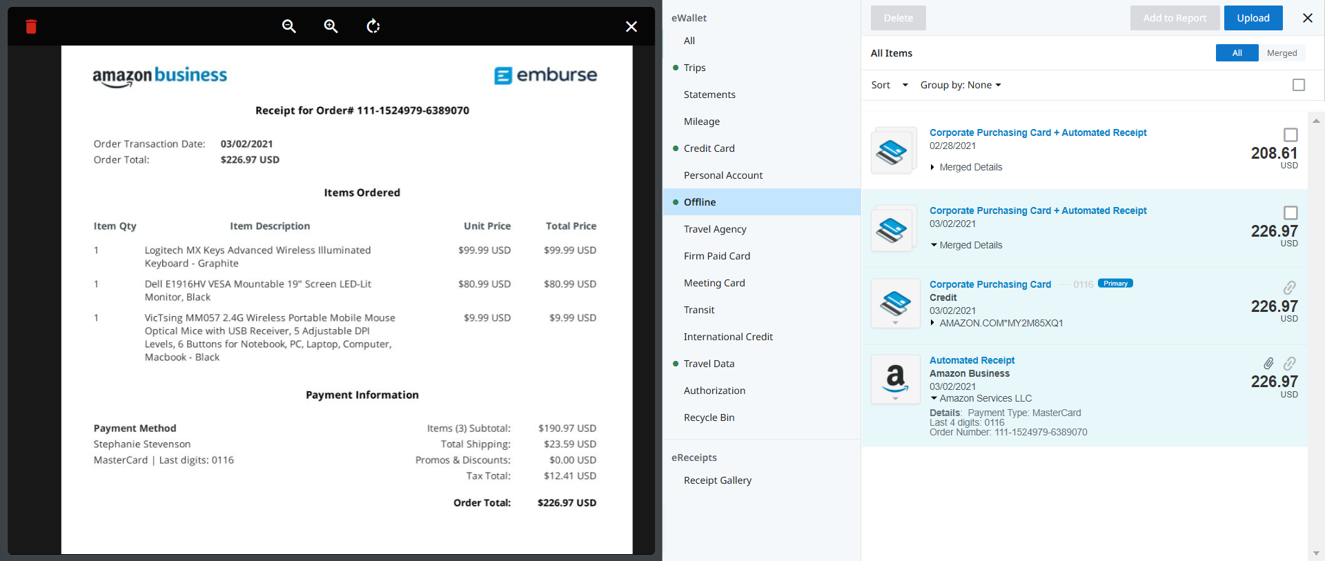 Receipt preview for an Amazon Business purchase displayed alongside merged eWallet items combining card and receipt data.