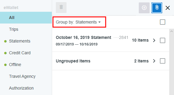All Tab of EWallet with Group By Statements dropdown selected at top