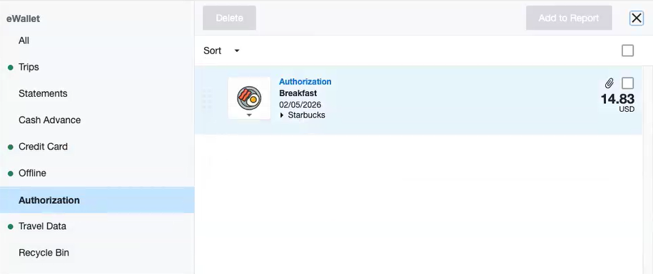 Emburse Enterprise eWallet screen displaying the Authorization tab with a pending transaction from Starbucks.