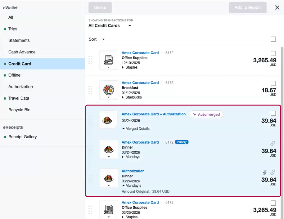 Emburse Enterprise eWallet screen showing a credit card transaction automatically merged with an authorization and labeled as automerged.