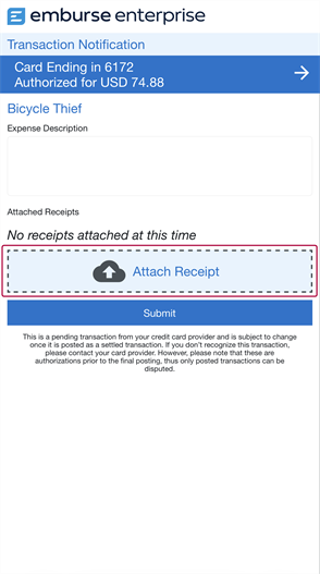 Mobile screen in Emburse Enterprise showing a transaction where the user can attach a receipt and enter an expense description.