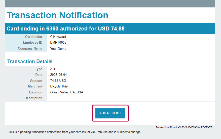 Transaction notification email view showing card details, transaction information, and an Add Receipt button.