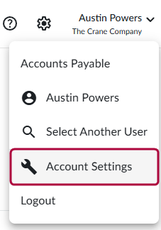 Account menu open under user name, with Account Settings option highlighted between Select Another User and Logout.