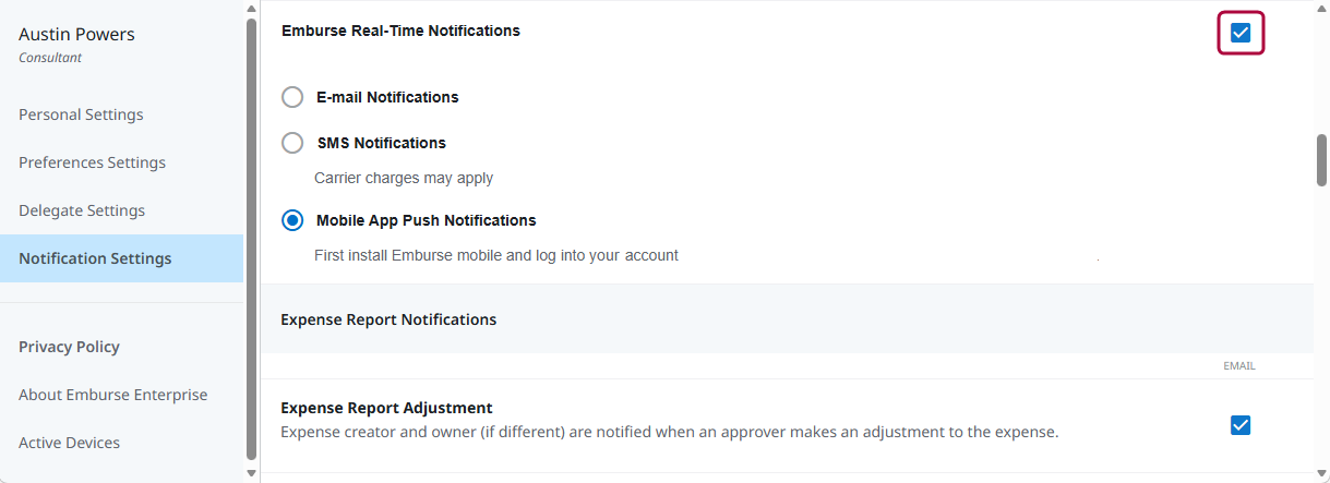 Notification Settings page showing Emburse Real-Time Notifications enabled with Mobile App Push Notifications selected and expense report notification options below.