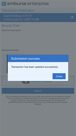 Confirmation dialog in Emburse Enterprise indicating the transaction was updated successfully with an option to close the message.