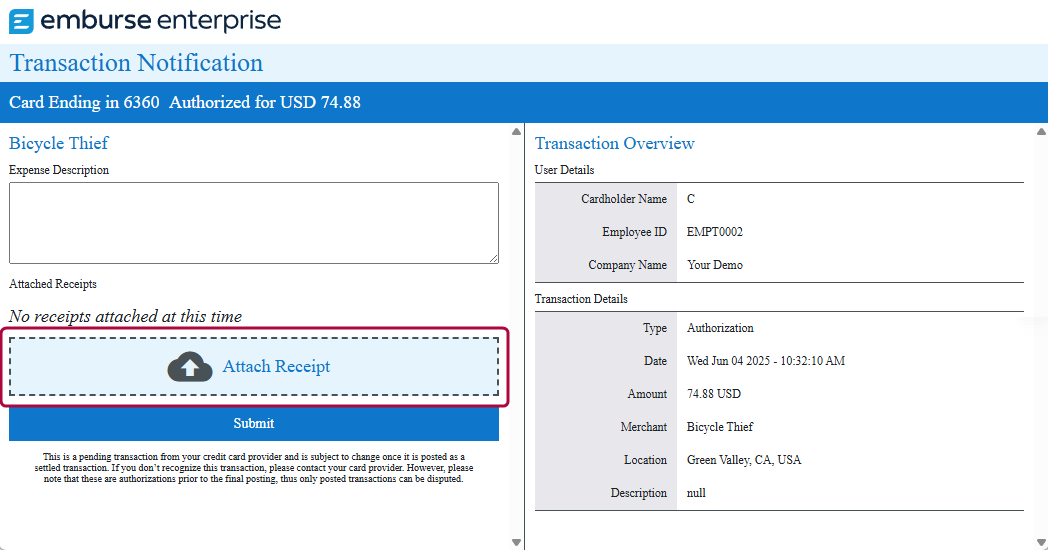 Transaction notification page showing the Attach Receipt area when no receipt has been uploaded.