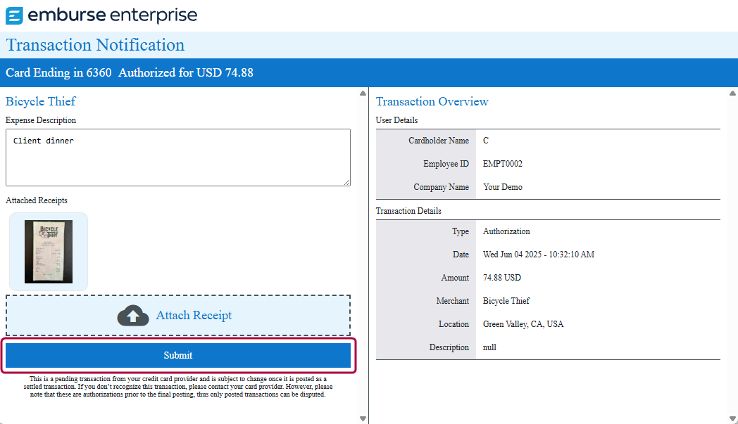 Transaction notification page showing the Submit button used to send a receipt and expense details.