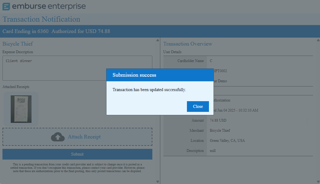 Confirmation dialog displaying “Submission success” after a receipt is successfully submitted for a transaction.