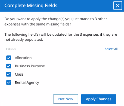 Complete Missing Fields modal showing selectable fields (Allocation, Business Purpose, and the UDAs Class and Rental Agency) with Apply Changes button.