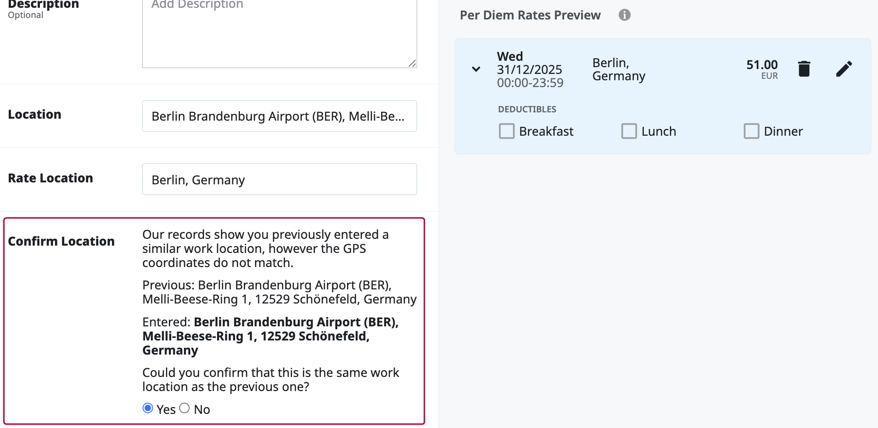 Écran de saisie des indemnités journalières invitant l’utilisateur à confirmer l’emplacement de l’aéroport de Berlin en raison d’un écart de coordonnées